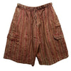 Brown and red vertically striped stonewashed cotton shorts with elastic waistband and drawstring in various sizes