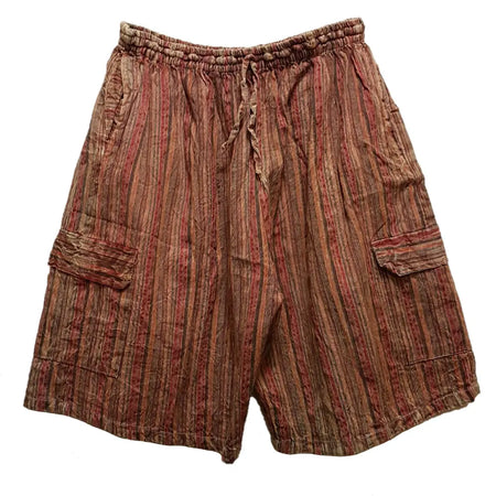 Brown and red vertically striped stonewashed cotton shorts with elastic waistband and drawstring in various sizes