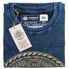 A navy blue stonewashed cotton t-shirt with a gold freedom graphic and om symbol from nomad sari in size xl