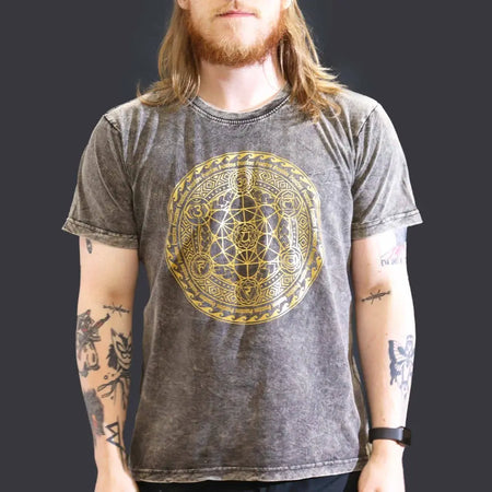 A dark grey stonewashed cotton t-shirt with a faded look and a gold geometric design on the chest in large size