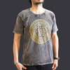 A dark grey stonewashed cotton t-shirt with a gold geometric mandala design on the chest in medium size
