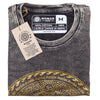 Dark grey stonewashed cotton t-shirt with gold mandala design featuring freedom and om symbol in center