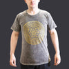 Dark grey stonewashed cotton t-shirt with a gold geometric mandala design on the chest in size small
