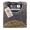 Dark grey stonewashed cotton t-shirt with gold foil freedom print and mandala around om symbol in small size