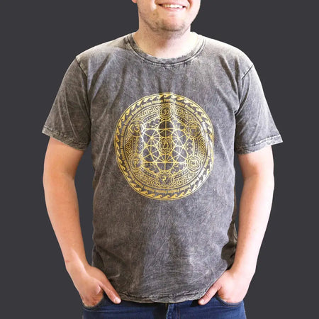 A dark grey stonewashed cotton t shirt with a gold geometric design on the chest in size xl