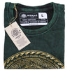 Dark green stonewashed cotton t-shirt with gold freedom and om graphic design by nomad sari in large size