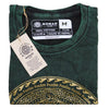Dark green stonewashed cotton t-shirt with gold and black geometric patterns and freedom text by nomad sari in medium