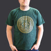 Dark green stonewashed cotton t-shirt with detailed gold geometric mandala design and intricate chakra patterns xl
