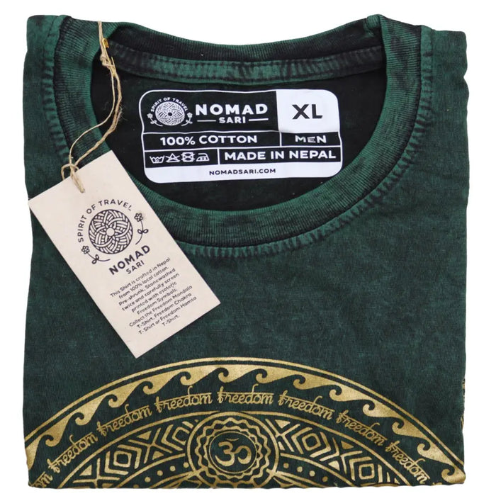 Dark green stonewashed cotton t-shirt with gold mandala and freedom text made in nepal by nomad sari xl size