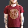 Stonewashed cotton t-shirt in maroon with gold geometric mandala and chakra symbols large size design