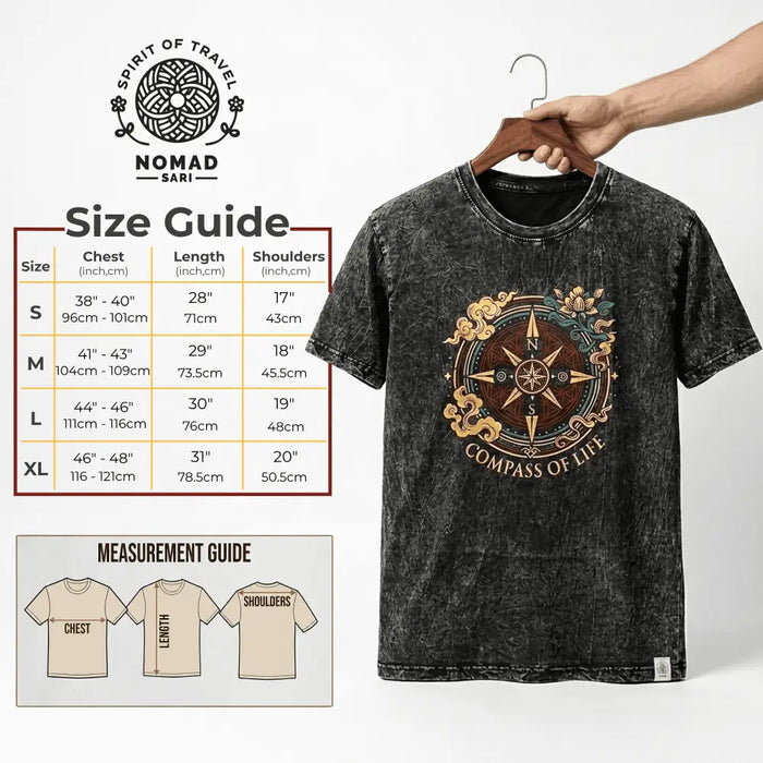 Black distressed stonewashed cotton t-shirt with gold and brown compass design and compass of life text in maroon medium