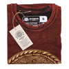 A maroon stonewashed cotton t-shirt with a distressed look and a gold geometric chakra design on the lower front