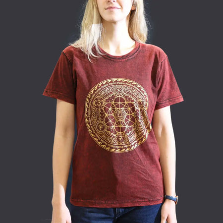 A maroon stonewashed cotton t-shirt with a detailed gold geometric chakra design on the chest in small size