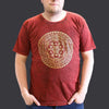 A maroon stonewashed cotton t-shirt with short sleeves featuring a gold geometric mandala and chakra symbols design