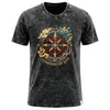 Black stonewashed cotton t-shirt with a vibrant compass design in gold and teal and compass of life text below