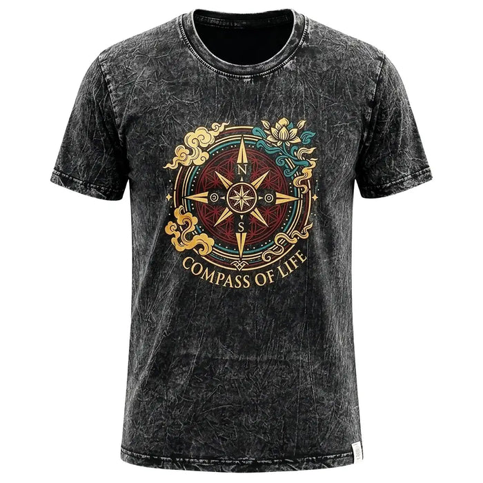 Black stonewashed cotton t-shirt with a vibrant compass design in gold and teal and compass of life text below