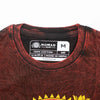 Stonewashed cotton t-shirt in maroon with dragon mandala graphic and red tie-dye sun print from nomad sari