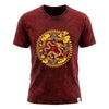 Maroon stonewashed cotton t-shirt with vibrant gold and red dragon mandala design and ornate circular patterns large size