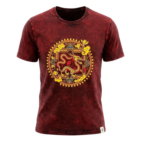Maroon stonewashed cotton t-shirt with vibrant gold and red dragon mandala design and ornate circular patterns large size