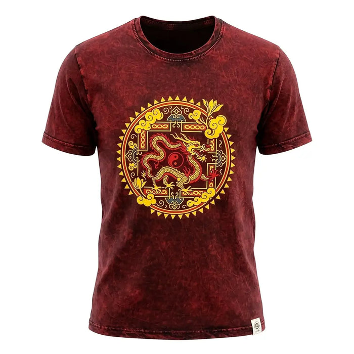 Maroon stonewashed cotton t-shirt with vibrant gold and red dragon mandala design and ornate circular patterns large size