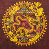 Stonewashed cotton t-shirt in maroon with a dragon mandala design featuring gold and red on a circular emblem