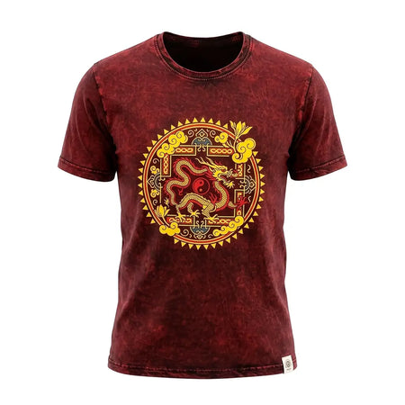 Stonewashed cotton maroon t-shirt with a yellow and red dragon mandala design and ornate geometric patterns in small size