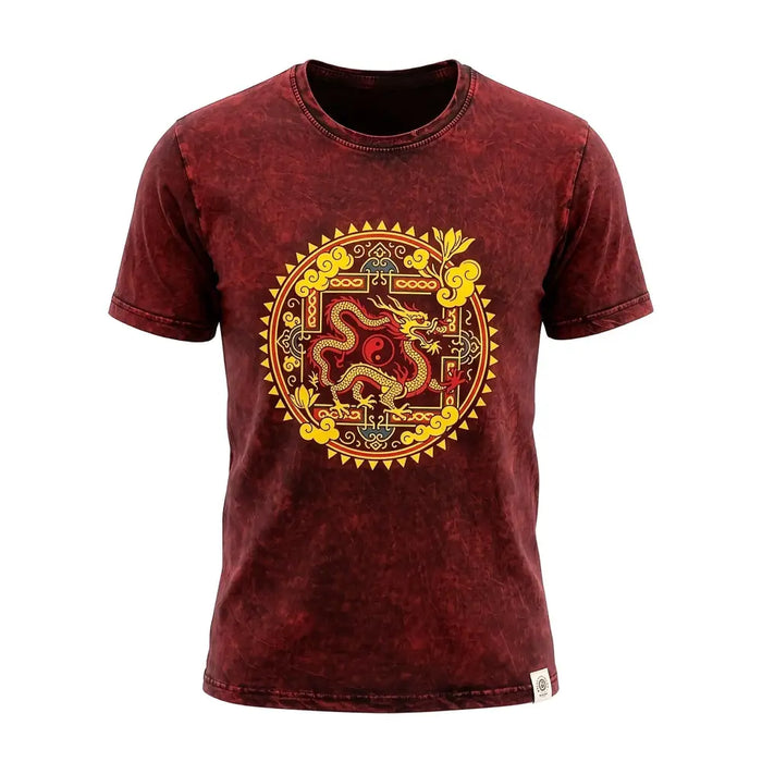 Stonewashed cotton maroon t-shirt with a yellow and red dragon mandala design and ornate geometric patterns in small size