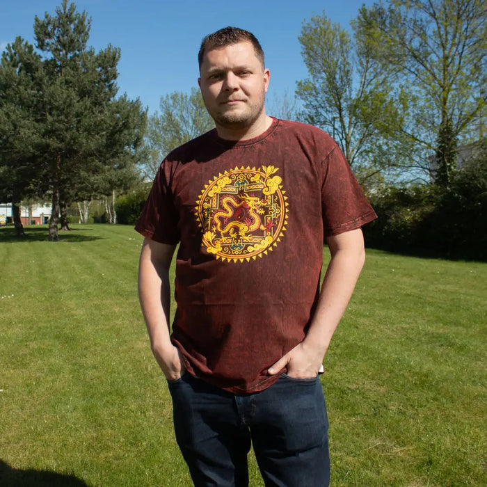 Maroon stonewashed cotton t-shirt with a detailed golden dragon mandala and intricate border design in xl size