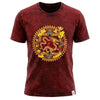 Stonewashed cotton maroon t-shirt with a vibrant yellow and red dragon mandala design and ornate golden patterns in xl size