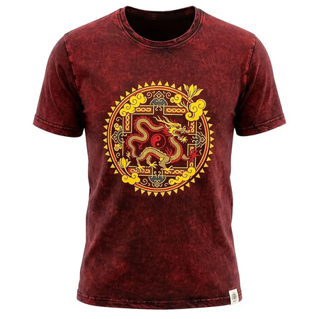 Stonewashed cotton maroon t-shirt with a vibrant yellow and red dragon mandala design and ornate golden patterns in xl size