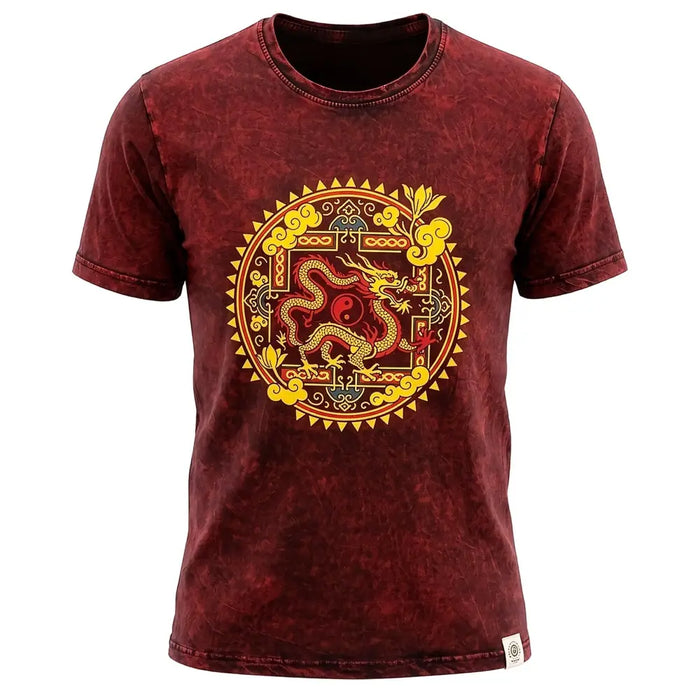 Stonewashed cotton maroon t-shirt with a vibrant yellow and red dragon mandala design and ornate golden patterns in xl size