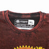 A maroon stonewashed cotton t shirt with a dragon mandala sun graphic and a nomad sari label made in nepal
