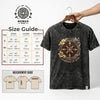 Black stonewashed cotton t-shirt with distressed look and gold brown compass of life design on front in large size