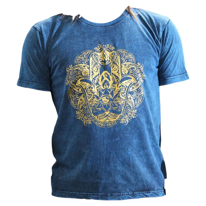 Stonewashed cotton t-shirt in faded blue with a gold embossed hamsa hand design and eye motif, small size