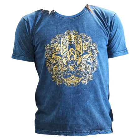 Stonewashed cotton t-shirt in faded blue with a gold embossed hamsa hand design and ornate eye motif in XL size