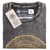 Dark grey stonewashed cotton t-shirt with distressed look and gold foil mandala design with freedom text detail