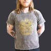 A dark grey stonewashed cotton t-shirt with a detailed golden hamsa hand design on the chest in size large