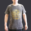 A dark grey stonewashed cotton t-shirt with a gold embossed hamsa hand and ornate filigree design in small size