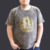 Dark grey stonewashed cotton t-shirt with a detailed gold embossed hamsa hand design and ornate patterns in xl size