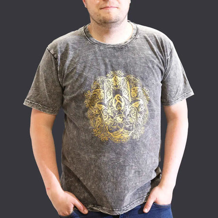 Dark grey stonewashed cotton t-shirt with a detailed gold embossed hamsa hand design and ornate patterns in xl size