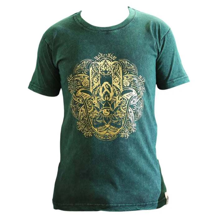 Dark green short-sleeved stonewashed cotton t-shirt with ornate gold hamsa hand and intricate filigree patterns small size