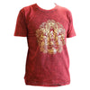 A maroon stonewashed cotton t-shirt with a distressed look featuring a gold embossed hamsa hand design