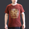 Stonewashed cotton maroon t-shirt with short sleeves and a detailed gold embossed hamsa hand design in the center