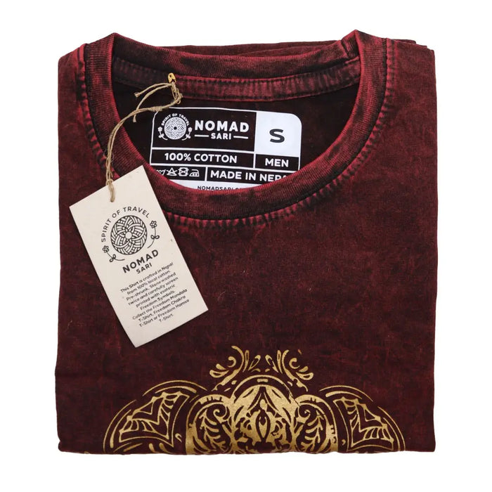 Maroon stonewashed cotton men’s t-shirt with gold ornate embroidery at the bottom in small size