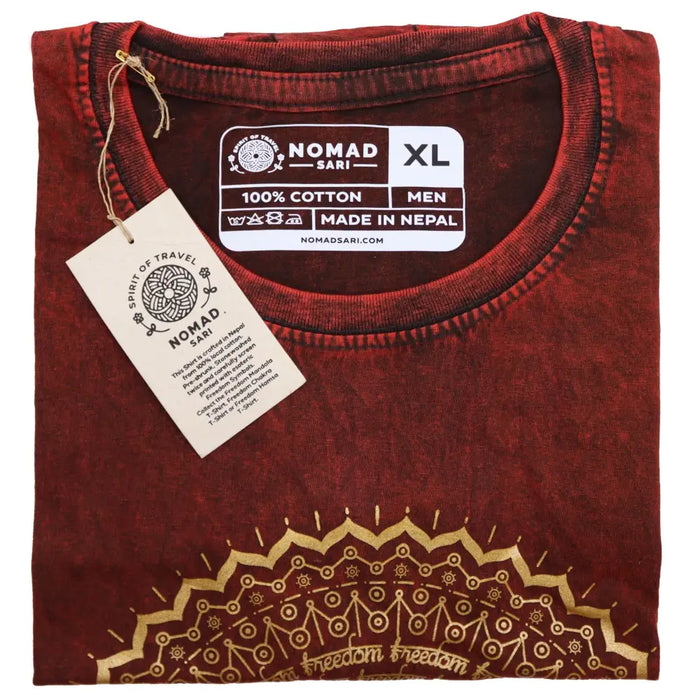 A maroon stonewashed cotton t-shirt by nomad sari with a gold geometric mandala design on the front in xl size