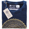 A navy blue stonewashed cotton t-shirt with a gold foil mandala design and freedom text by nomad sari in large size