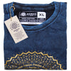 Stonewashed cotton blue men’s t-shirt with gold mandala design and freedom text in size xl