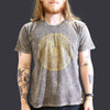 A dark grey stonewashed cotton t-shirt with a detailed gold mandala design centered on the chest in large size