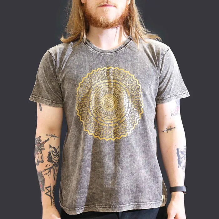 A dark grey stonewashed cotton t-shirt with a detailed gold mandala design centered on the chest in large size