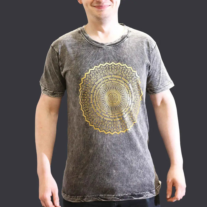 A dark grey stonewashed cotton t-shirt with a detailed gold mandala design and intricate patterns in small size